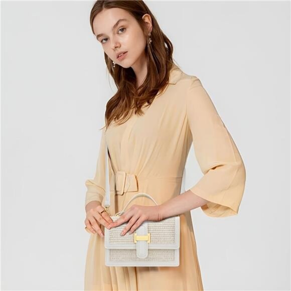 Women White Top Handle Straw Crossbody Bags Summer Straw Purses Hand Bag - Picture 3 of 7